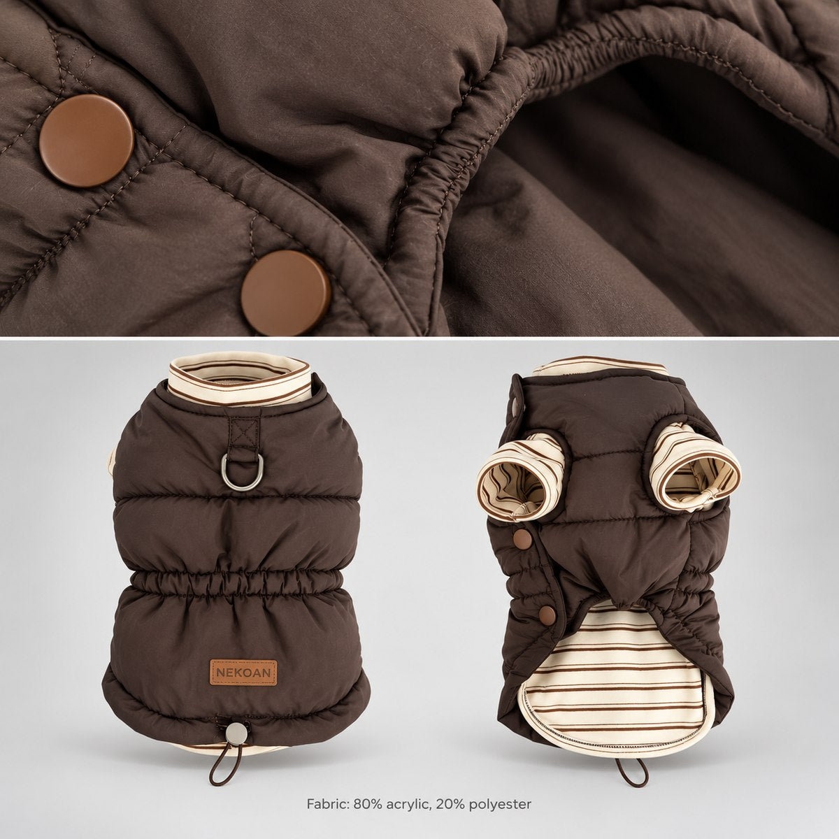 Brown vest fabric close-up and garment views with the stated composition of 80% acrylic and 20% polyester.