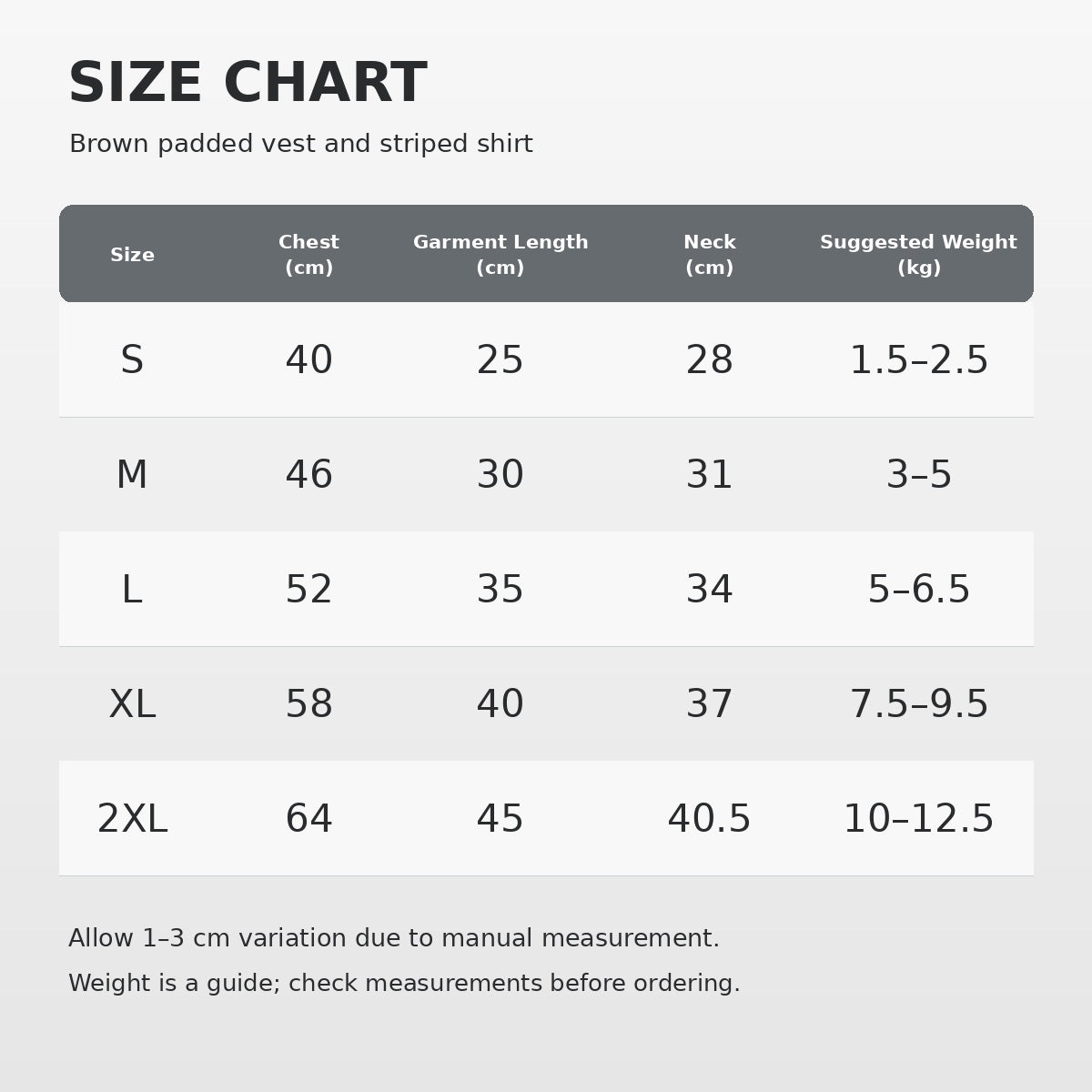 Size chart for the padded dog vest set in S to 2XL, listing chest, back length, neck and suggested weight.