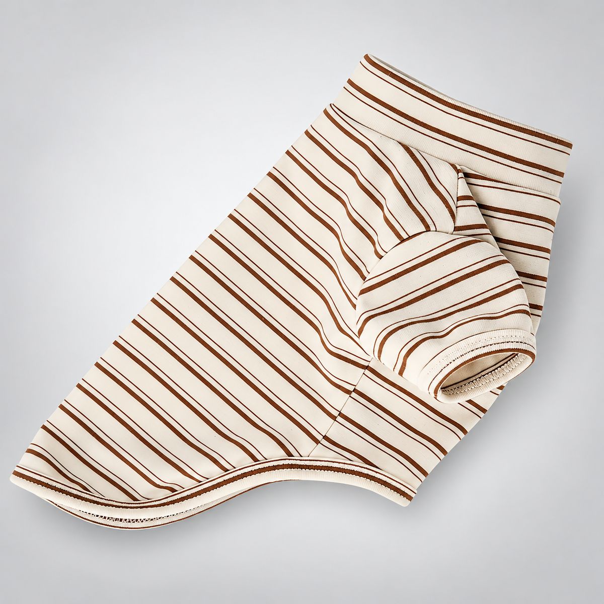 Separate cream dog shirt with brown horizontal stripes, a high neckline and short sleeves.