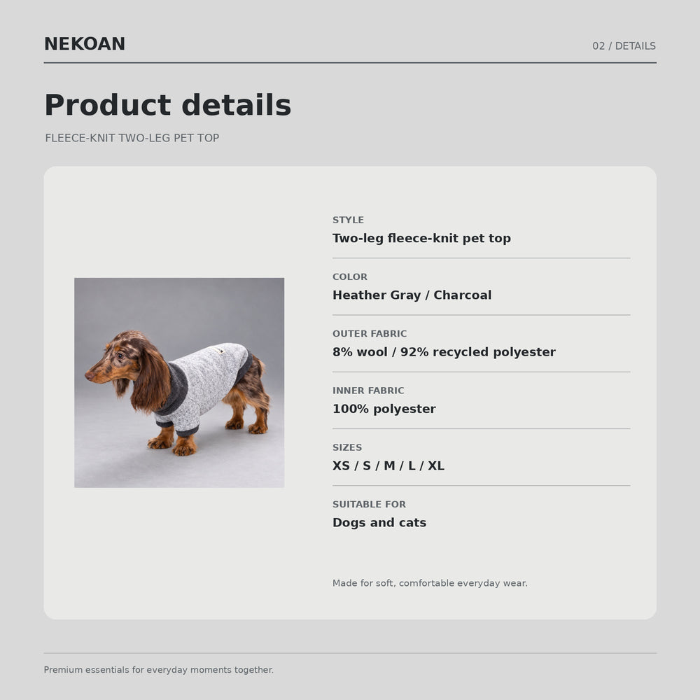 Product details panel with a dog wearing the heather-gray fleece sweater.