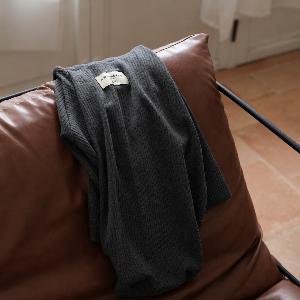 Charcoal gray ribbed dog turtleneck draped over a leather chair, showing the fabric texture and sleeves.