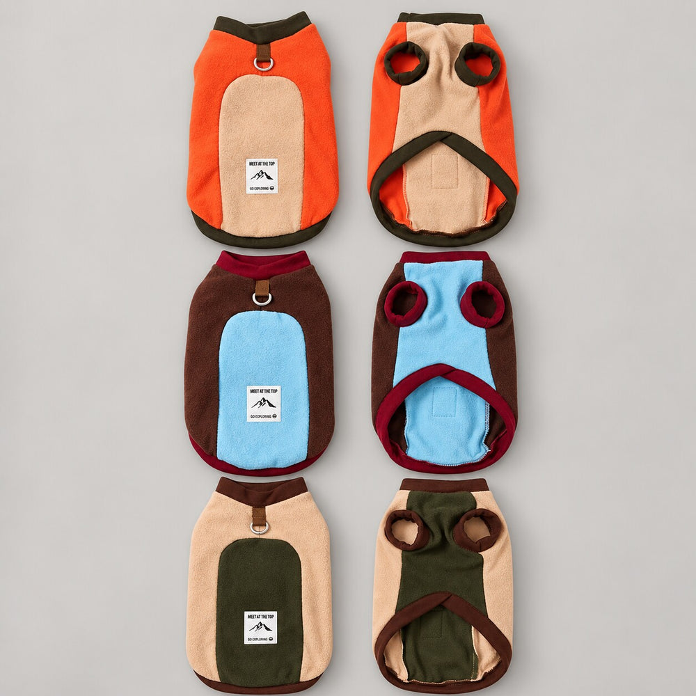 Colorblock dog sweatshirts shown flat from the outside and underside in three colorways.