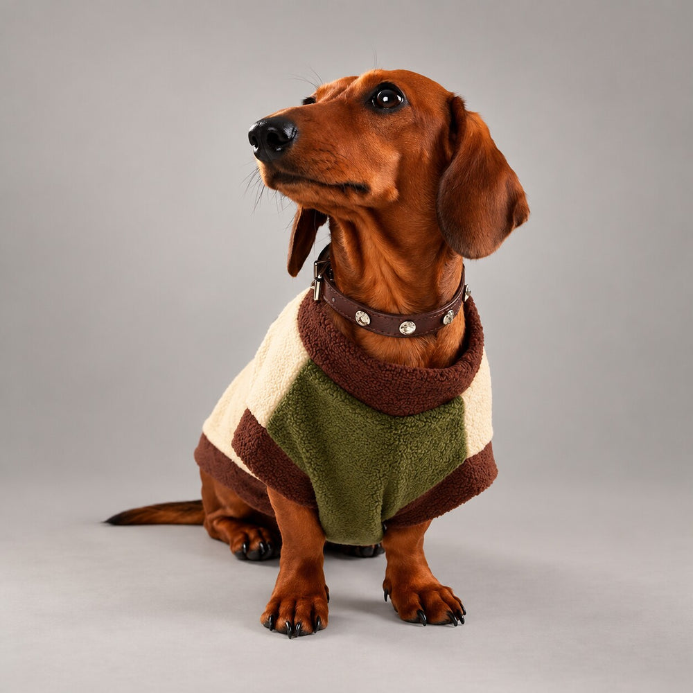 Dog wearing the Olive colorblock fleece-lined sweatshirt, seated facing the camera.