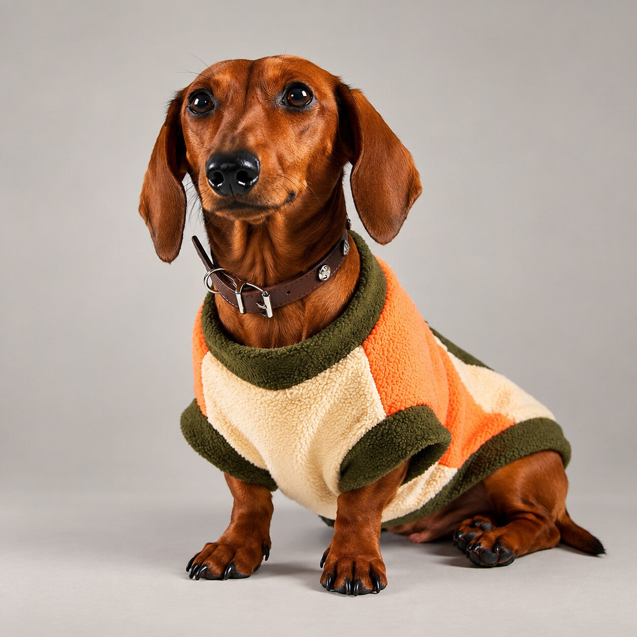 Dog wearing the Orange colorblock fleece-lined sweatshirt, seated facing the camera.