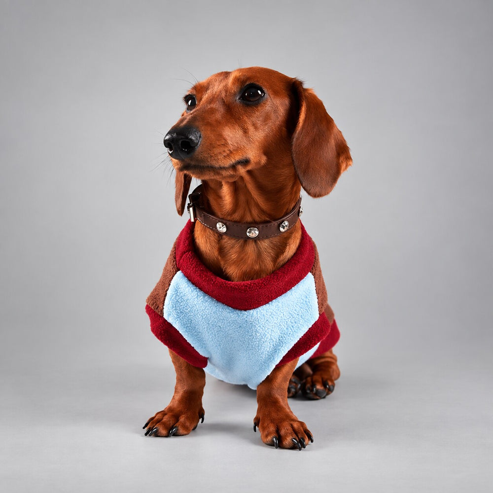 Dog wearing the Royal Blue colorblock fleece-lined sweatshirt, seated facing the camera.