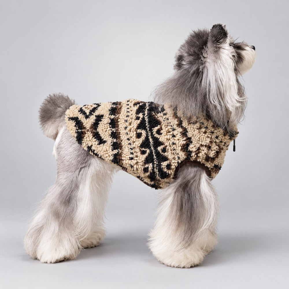 Dog standing in the Maillard Beige Fair Isle coat, showing the patterned back.