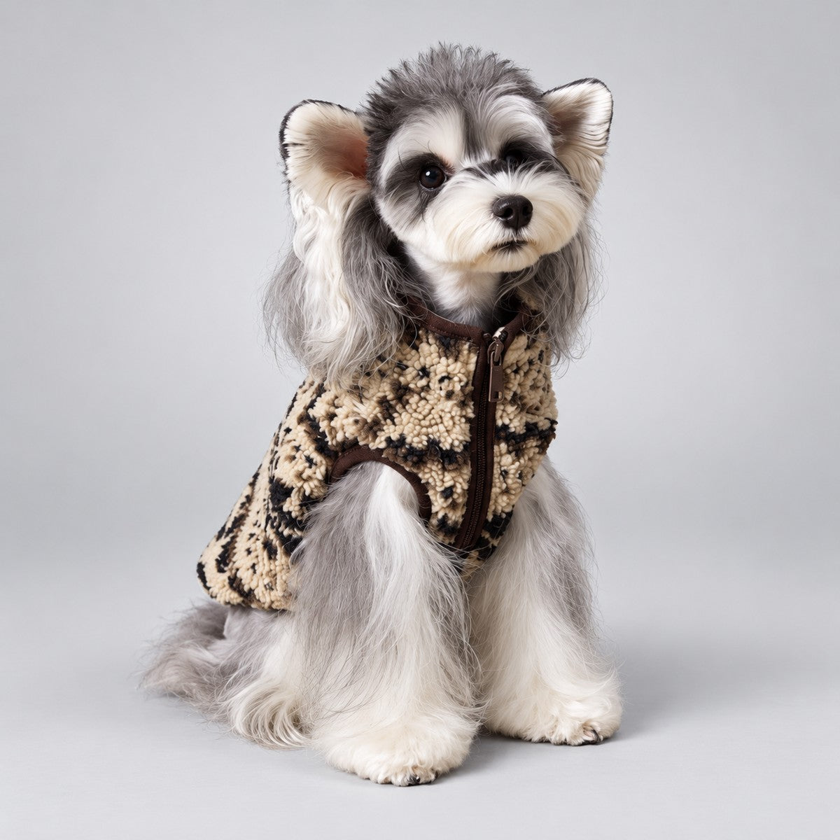 Dog wearing the Maillard Beige Fair Isle fleece-lined coat, seated in side view.