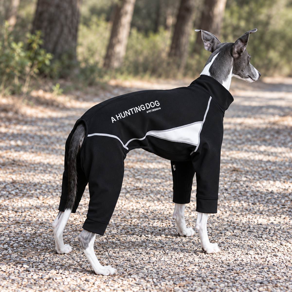 Outdoor rear side view of the black and ivory snowsuit, showing body and four-leg coverage.