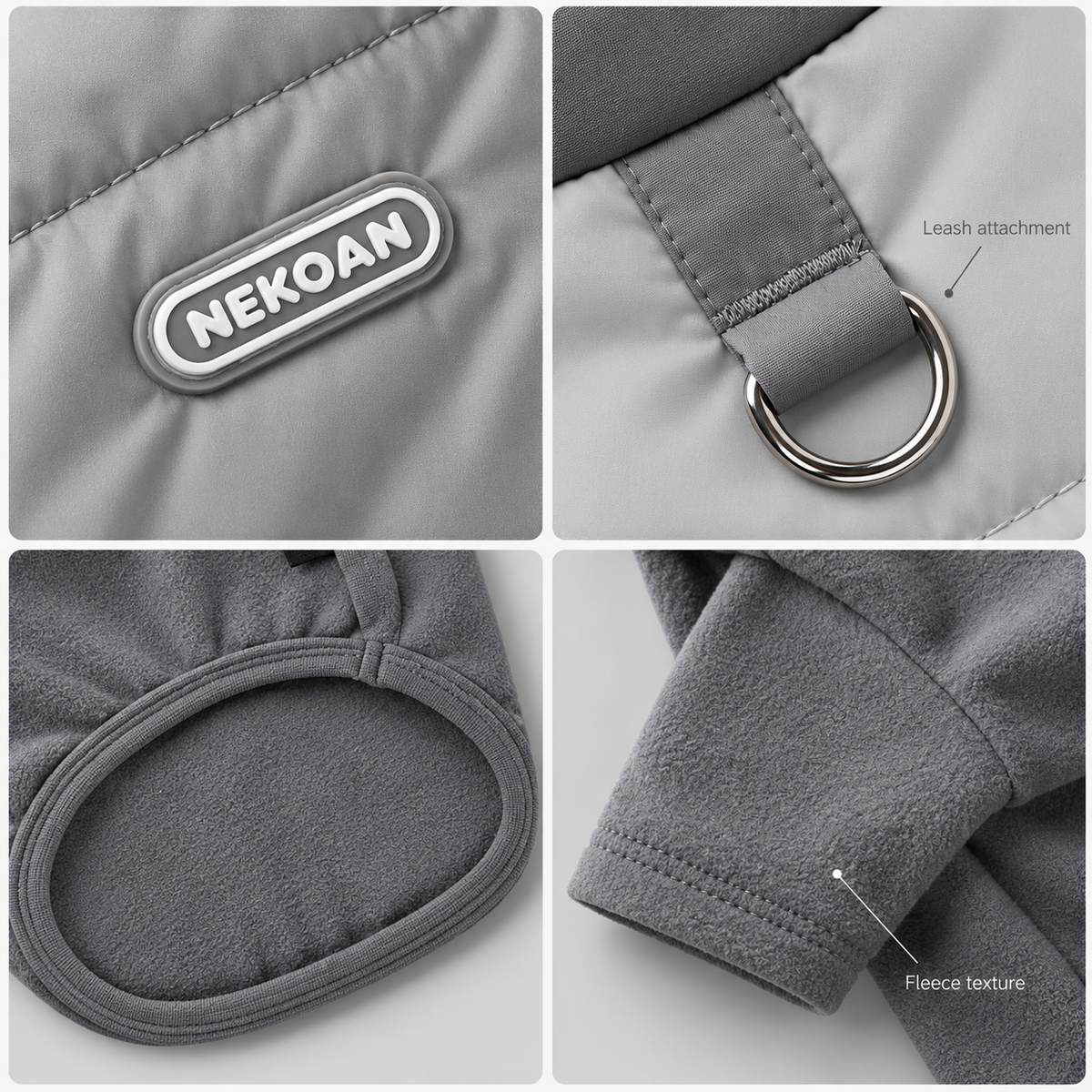 Detail collage showing the vest stitching, leash ring and fleece shirt trim.