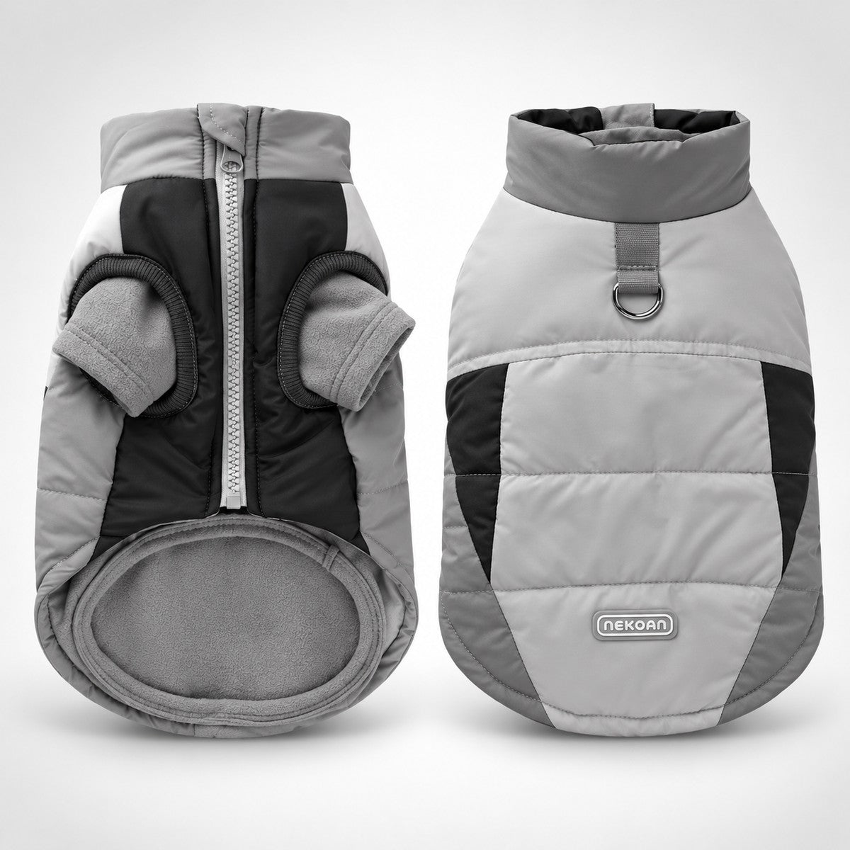 Front and back views of the dog vest set showing the zipper and back leash ring.