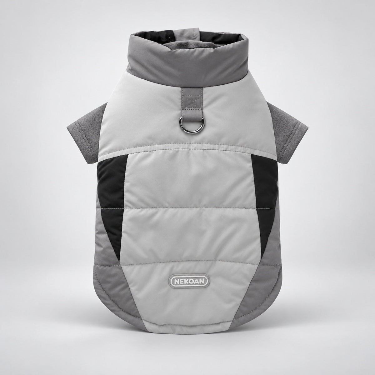 Back view of the layered dog outfit with fleece sleeves visible beneath the vest.