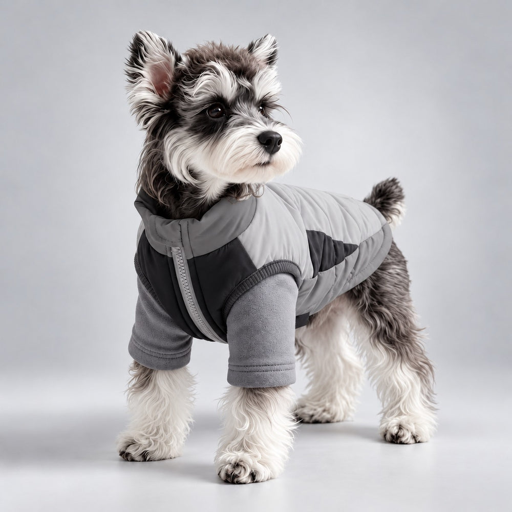 Schnauzer standing in the gray colorblock padded dog vest and matching fleece shirt.