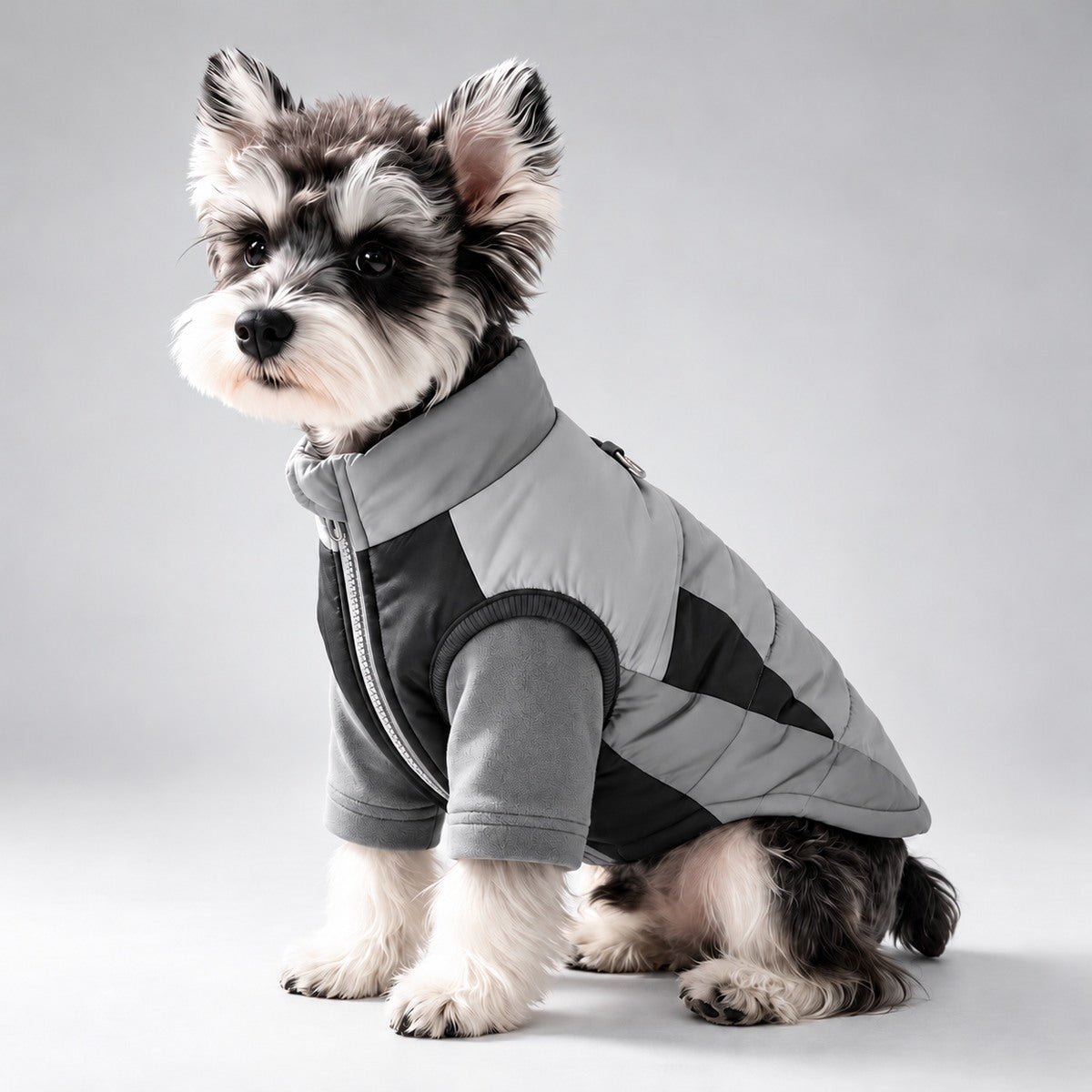 Seated Schnauzer wearing the gray and black vest over its matching fleece shirt.