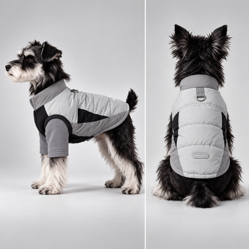 Side and rear views of a dog wearing the padded vest and fleece shirt set.