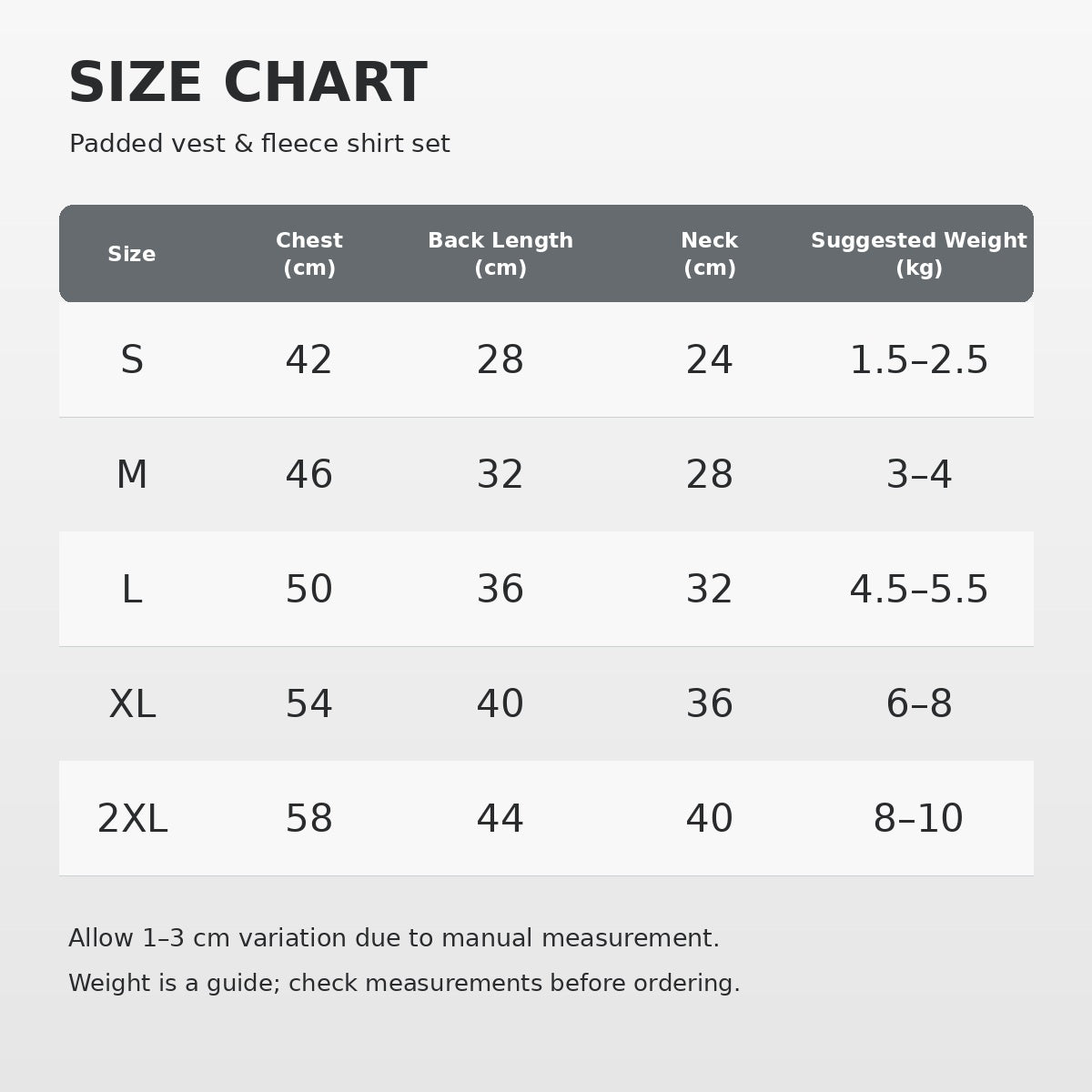 Size chart for the padded dog vest and fleece shirt set, covering sizes S to 2XL.