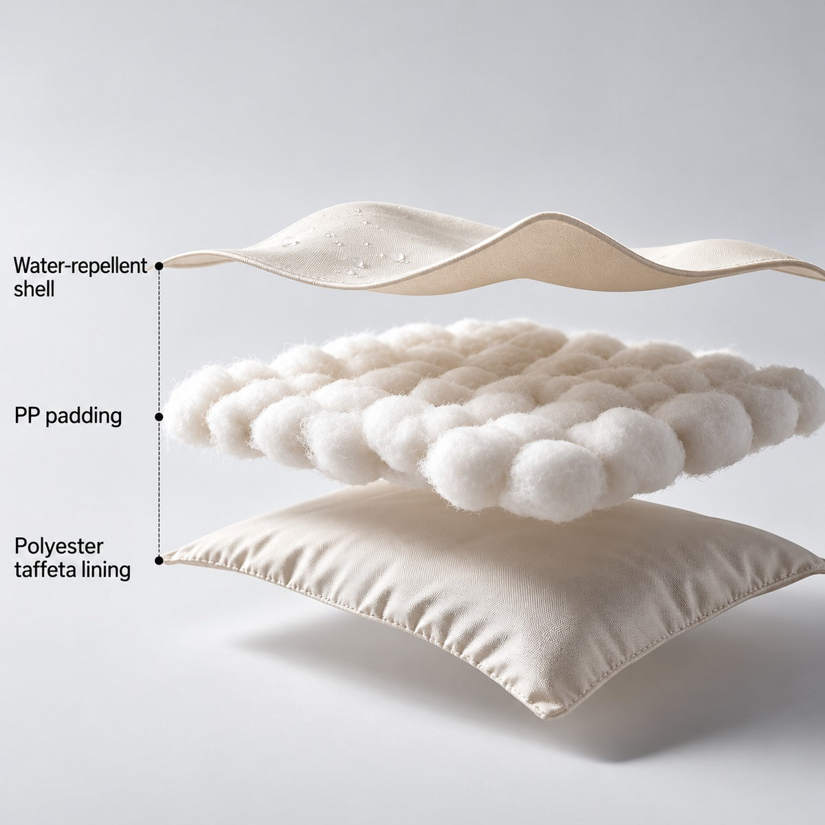 Illustration of the vest's water-repellent shell, polyester padding and taffeta lining.