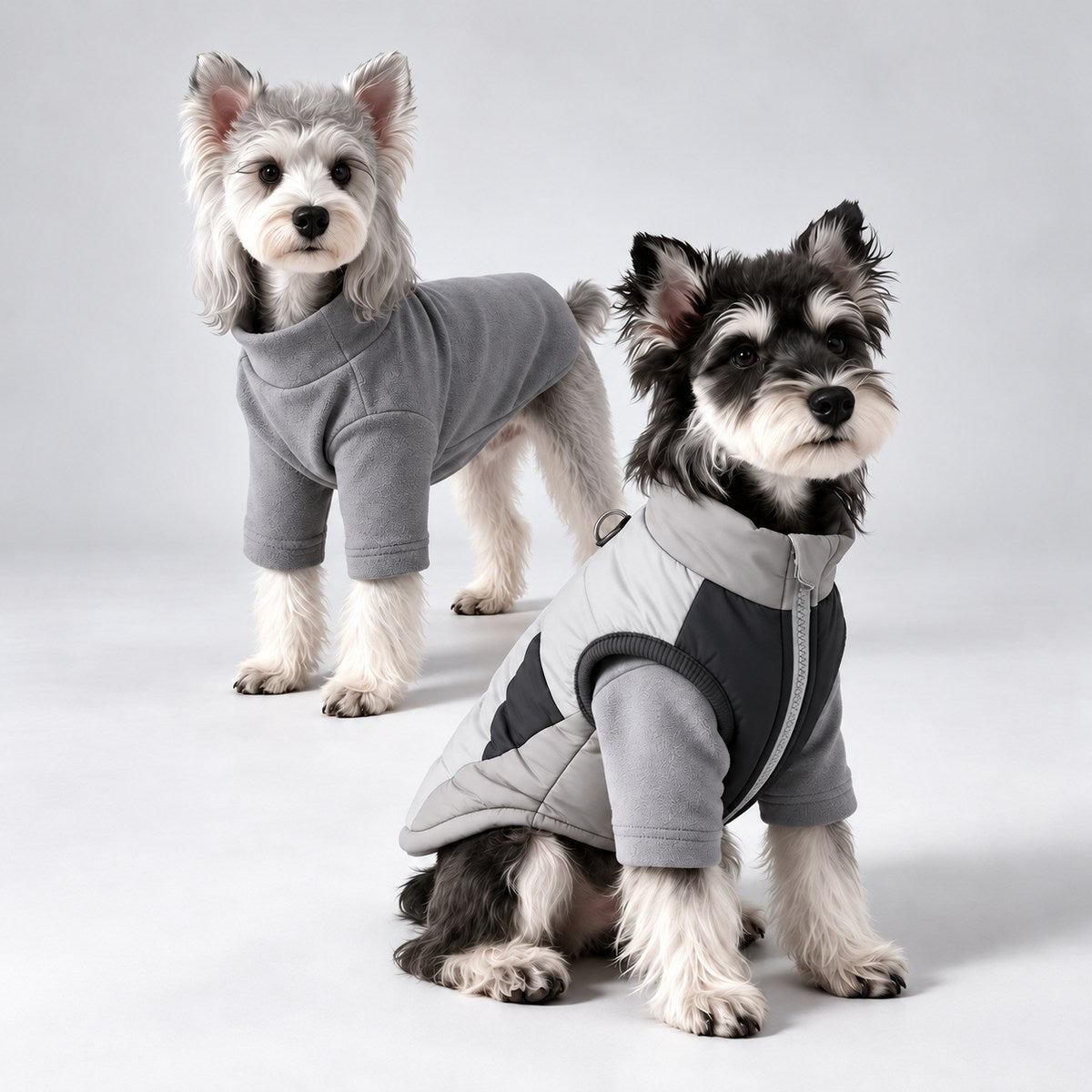 Two dogs showing the gray fleece shirt worn alone and layered beneath the padded vest.