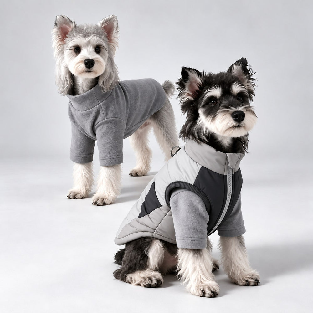 Two dogs showing the gray fleece shirt worn alone and layered beneath the padded vest.