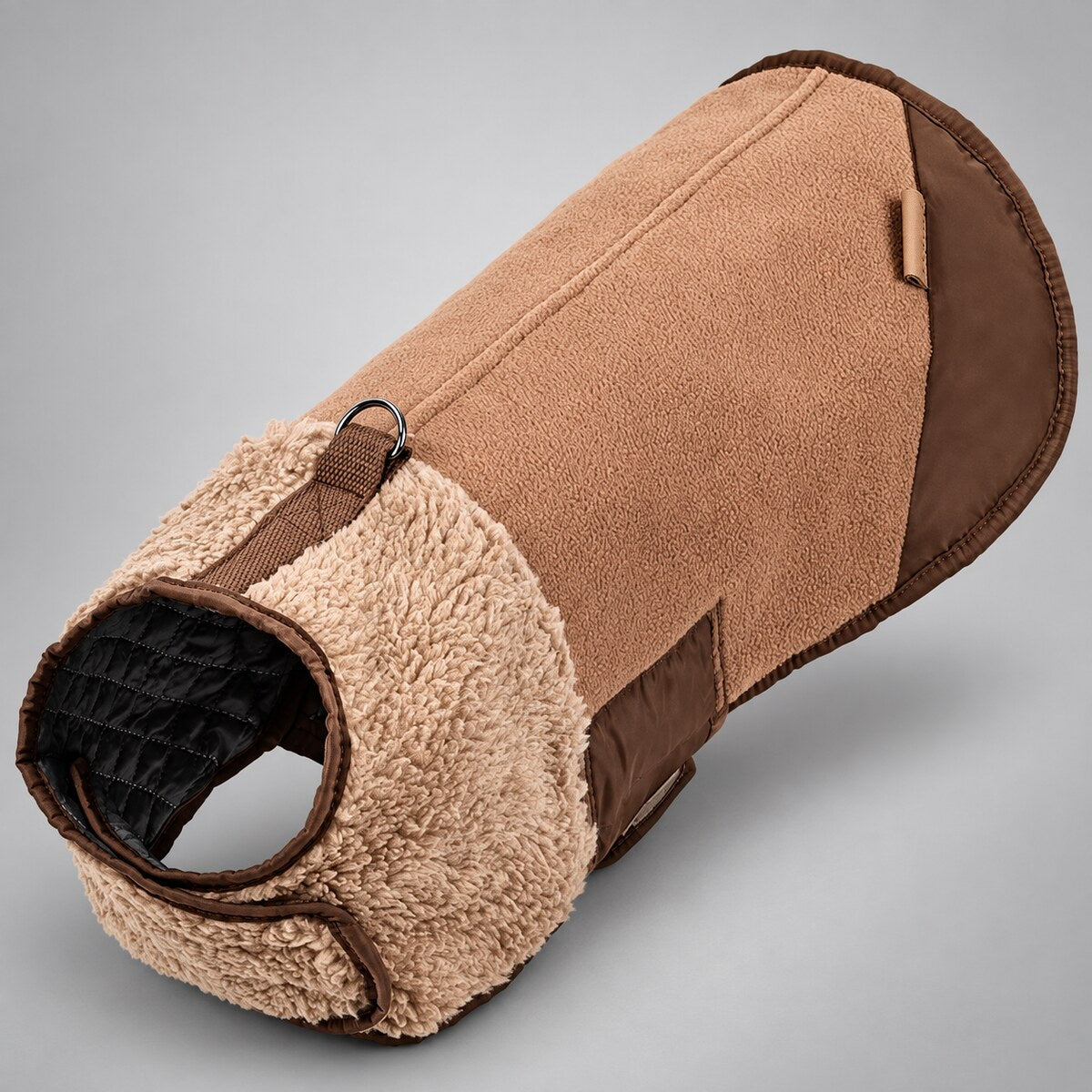 Camel Brown Heritage dog coat showing the sherpa front and extended back.