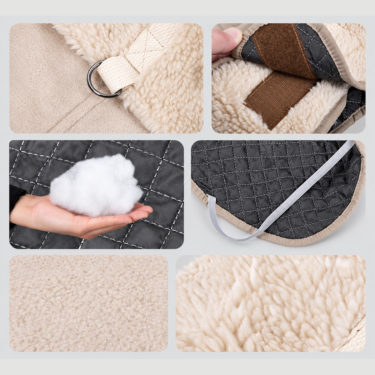 Close-ups of the Heritage sherpa dog coat showing the D-ring, lining, padding and edge binding.