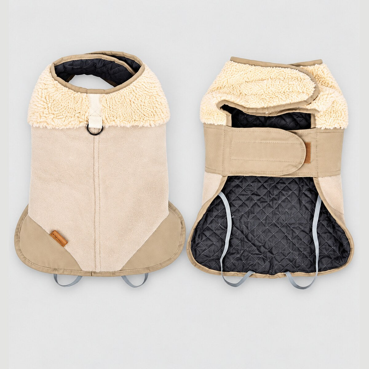 Cream Beige Heritage dog coat shown from the outside and inside, including the quilted lining.