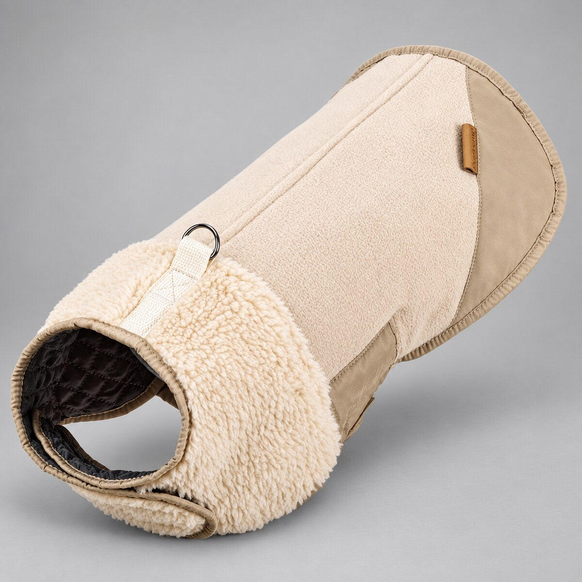 Cream Beige Heritage dog coat showing the sherpa front and extended back.