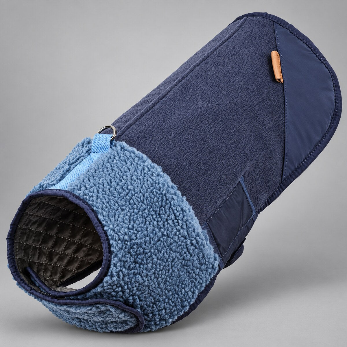 Deep Navy Heritage dog coat showing the sherpa front and extended back.
