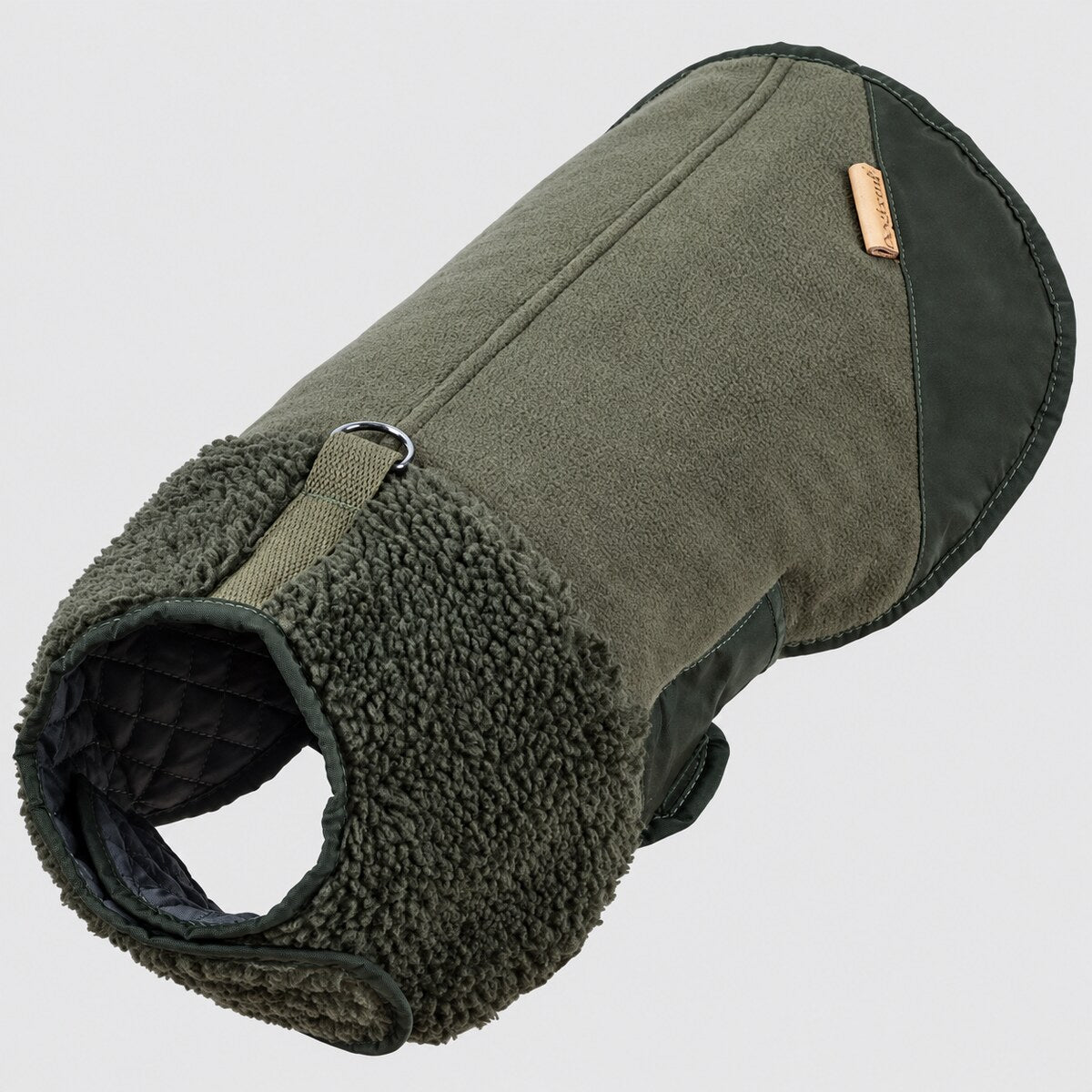 Olive Green Heritage dog coat showing the sherpa front and extended back.