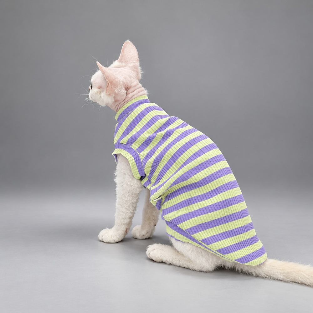 Cat wearing the Lavender & Lime vest, seated in rear view.