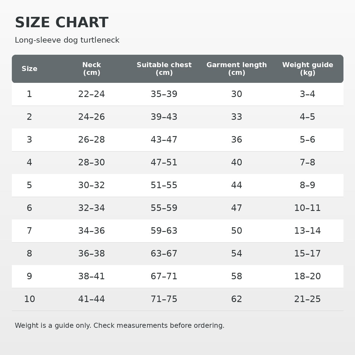 Size chart for the sighthound cotton turtleneck T-shirt, sizes 1 to 10, with neck, suitable chest, garment length and weight guide.