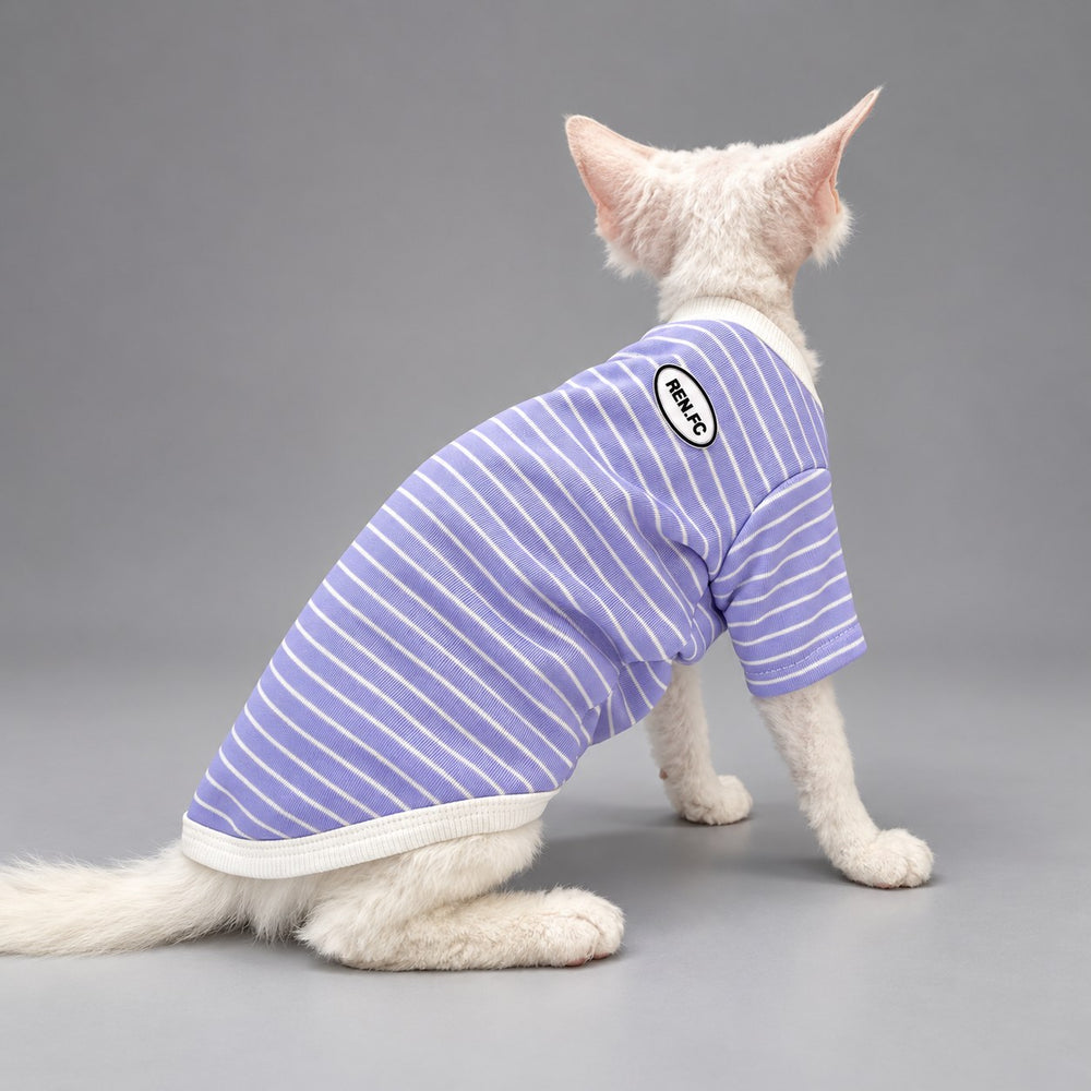 Cat wearing the Lavender Stripe crewneck shirt, seated in rear view.