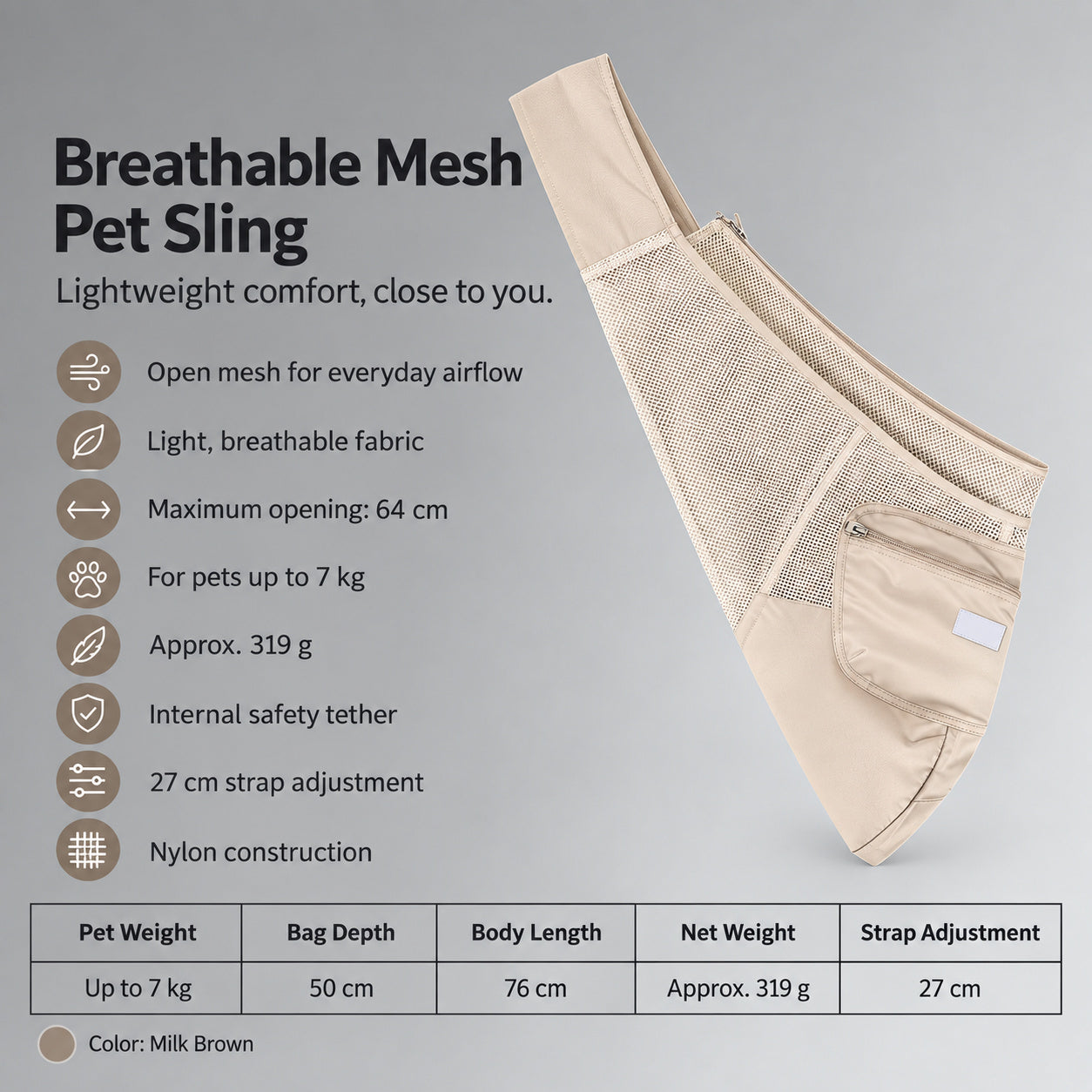NEKOAN Breathable Mesh Pet Sling for Cats & Small Dogs — Volcanic Gray