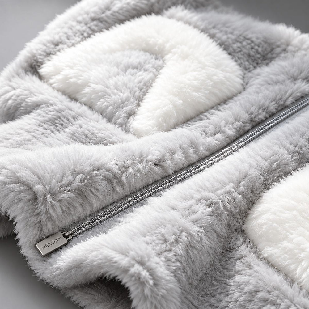 Close-up of the Gray & White Arctic fleece vest showing the fleece and zipper.