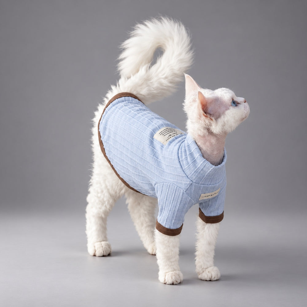 Cat wearing the Mist & Brown T-shirt, looking upward with its back and sleeves visible.