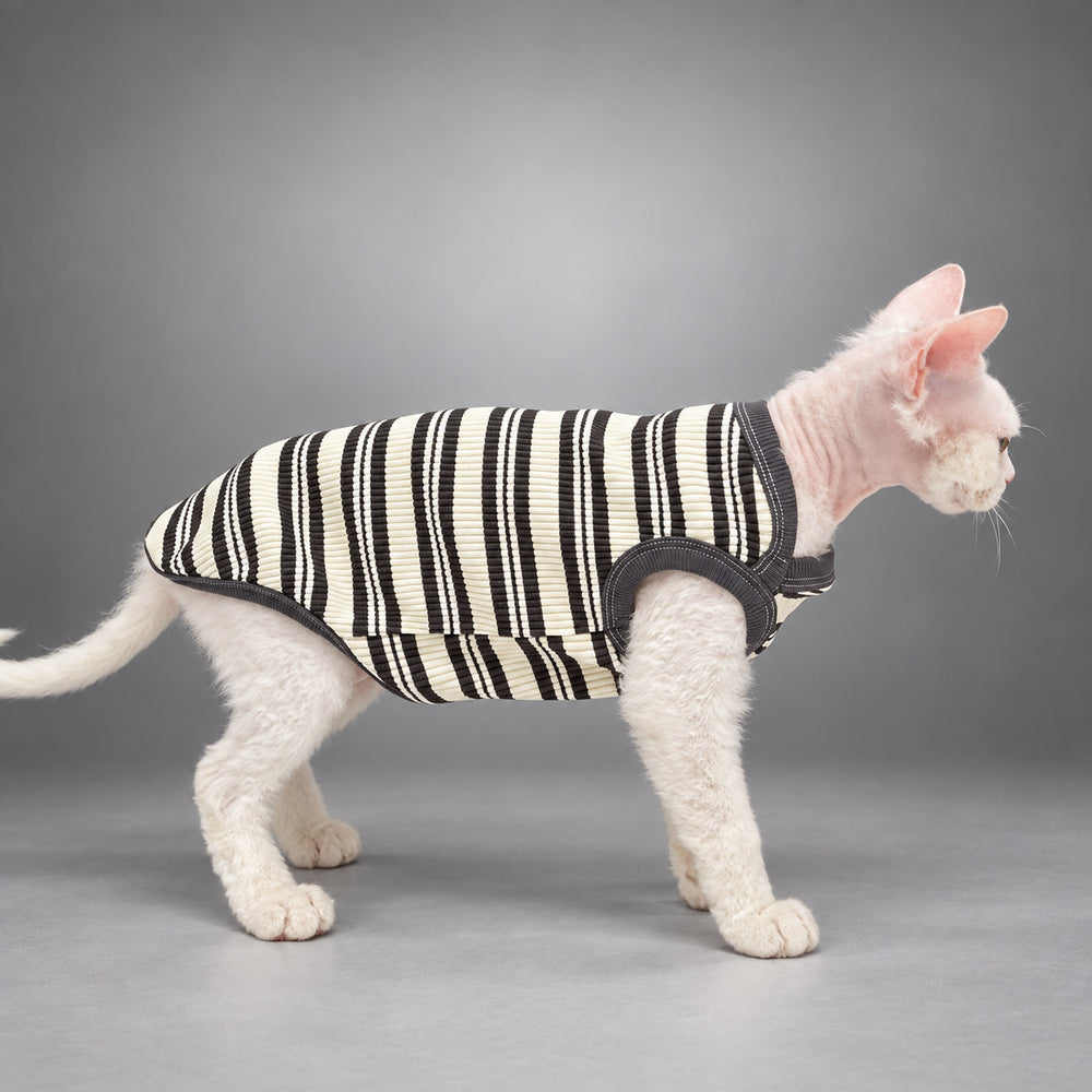 Cat wearing the Black & Ivory Stripe Monochrome Ease vest, walking in side view.