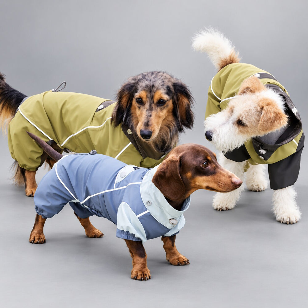 Three dogs wearing blue and olive Monsoon Veil rain suits.