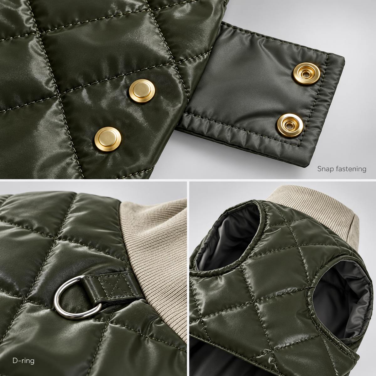 Detail collage showing the vest's snap fastening, back D-ring and quilted arm opening.
