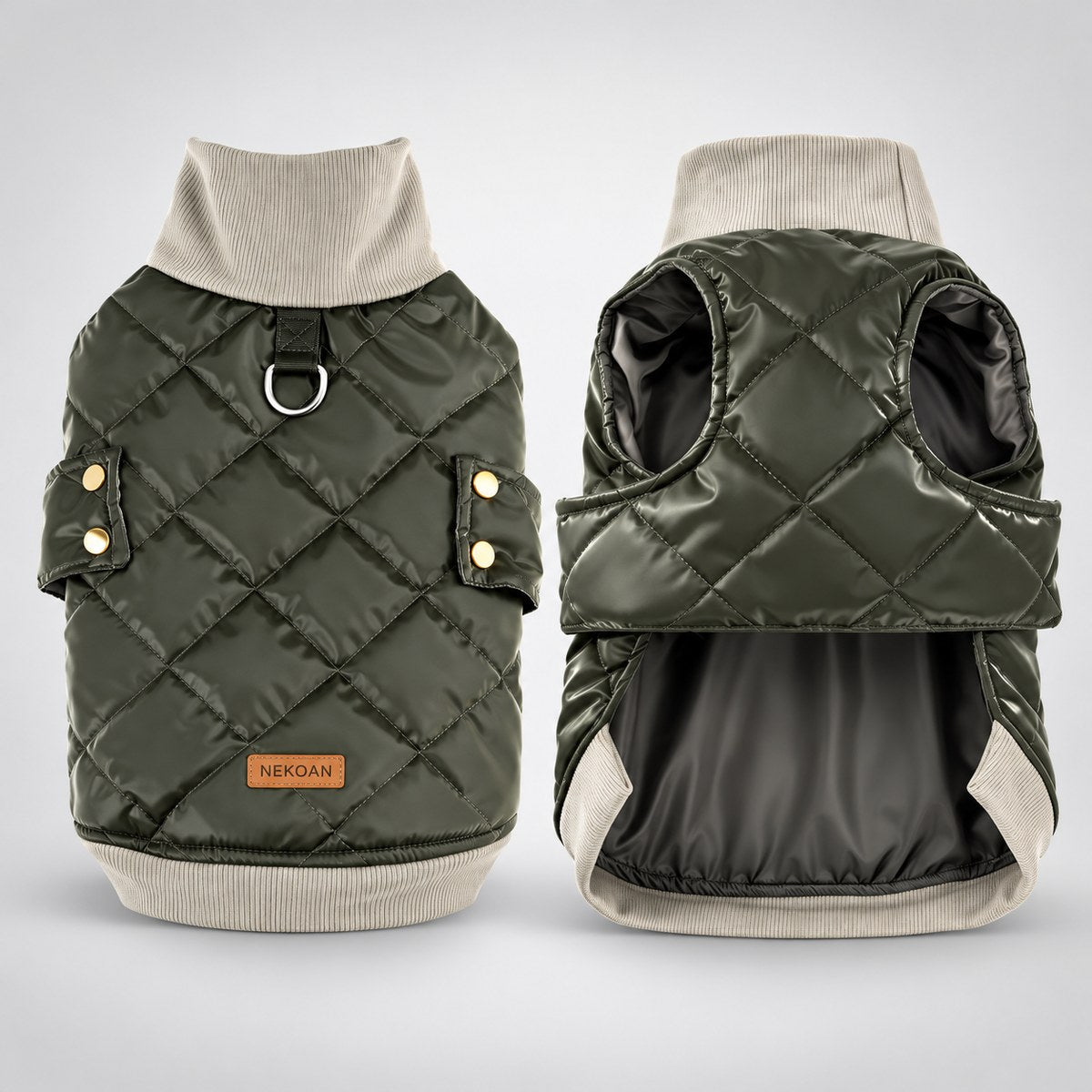 Outer and underside views of the olive dog vest showing its back D-ring and ribbed trim.