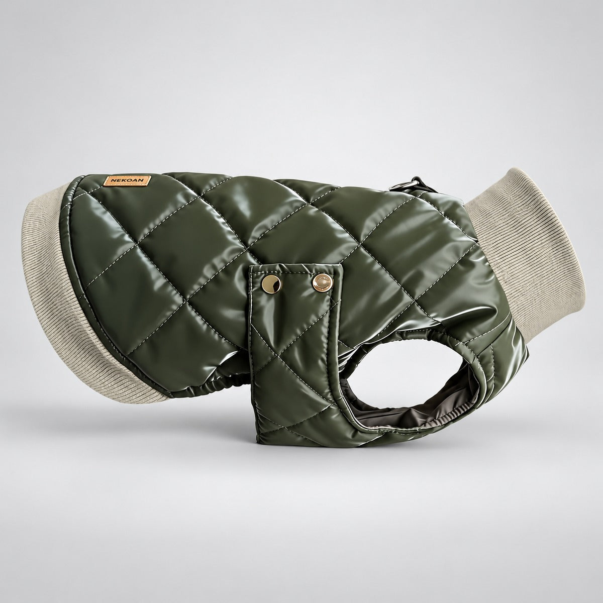 Side profile of the faux leather dog vest showing the ribbed collar, hem and sleeveless cut.