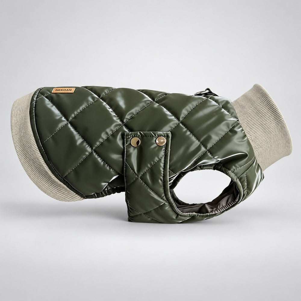 Side profile of the faux leather dog vest showing the ribbed collar, hem and sleeveless cut.
