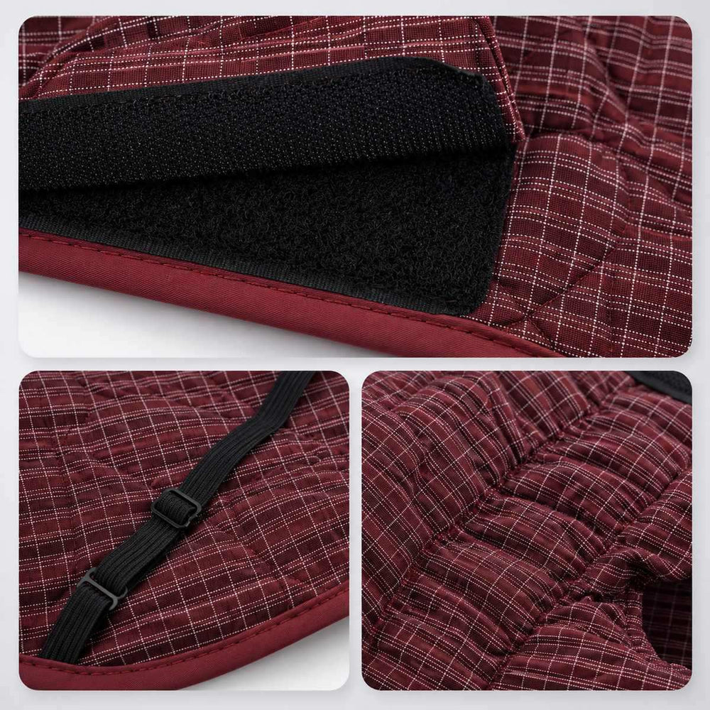 Close-ups of the Burgundy shell jacket showing the inner lining, closures and rear-leg straps.