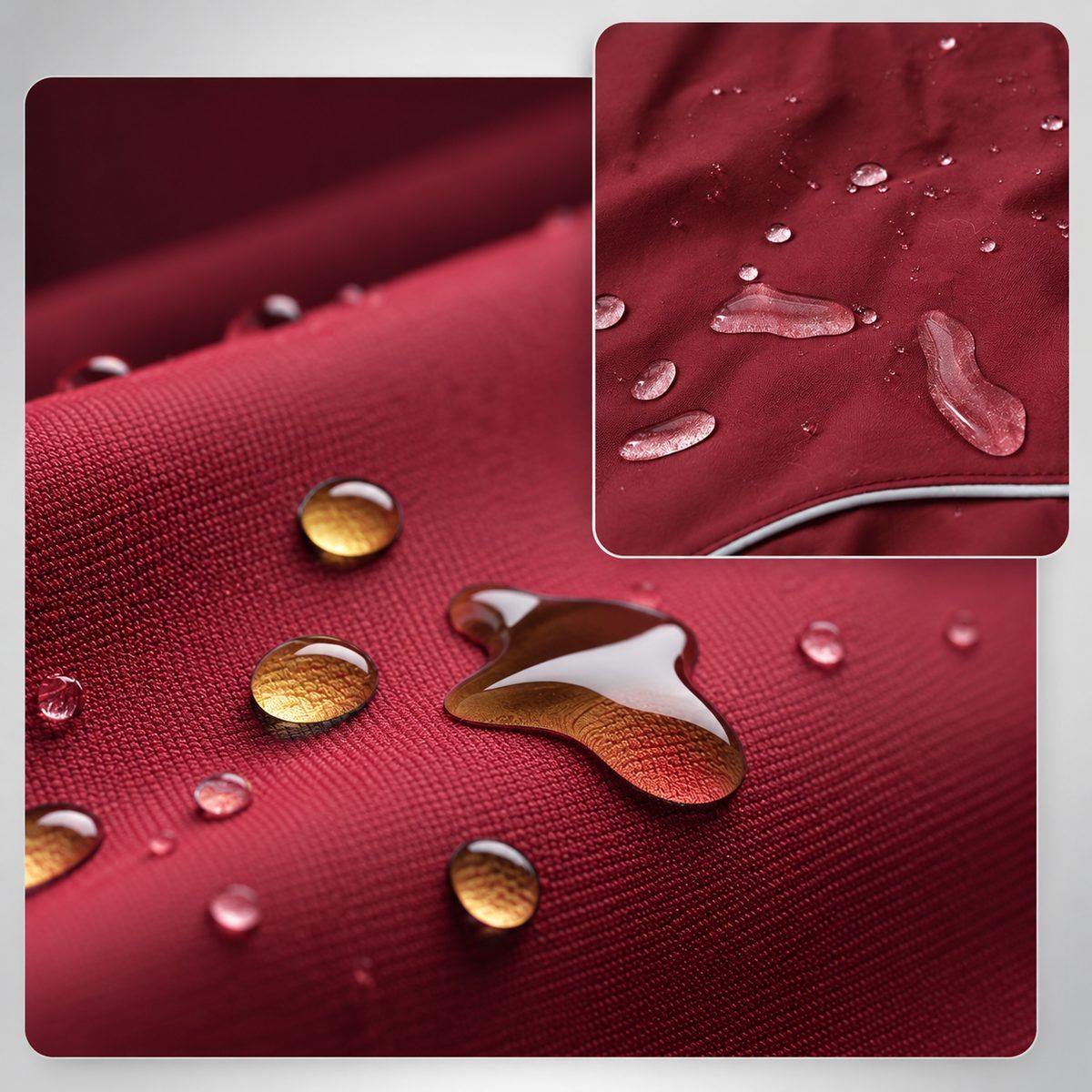 Close-up of water droplets on the Burgundy dog jacket shell.