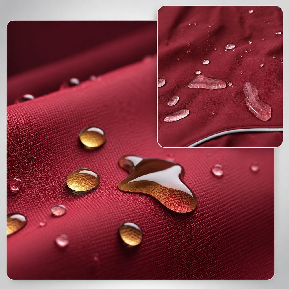 Close-up of water droplets on the Burgundy dog jacket shell.