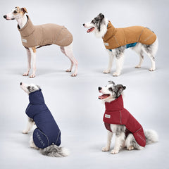 Dogs wearing outdoor shell jackets in Taupe, Caramel, Navy Blue and Burgundy.