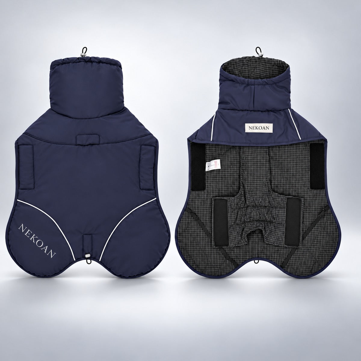 Navy Blue outdoor dog shell jacket laid flat from the outside and inside.