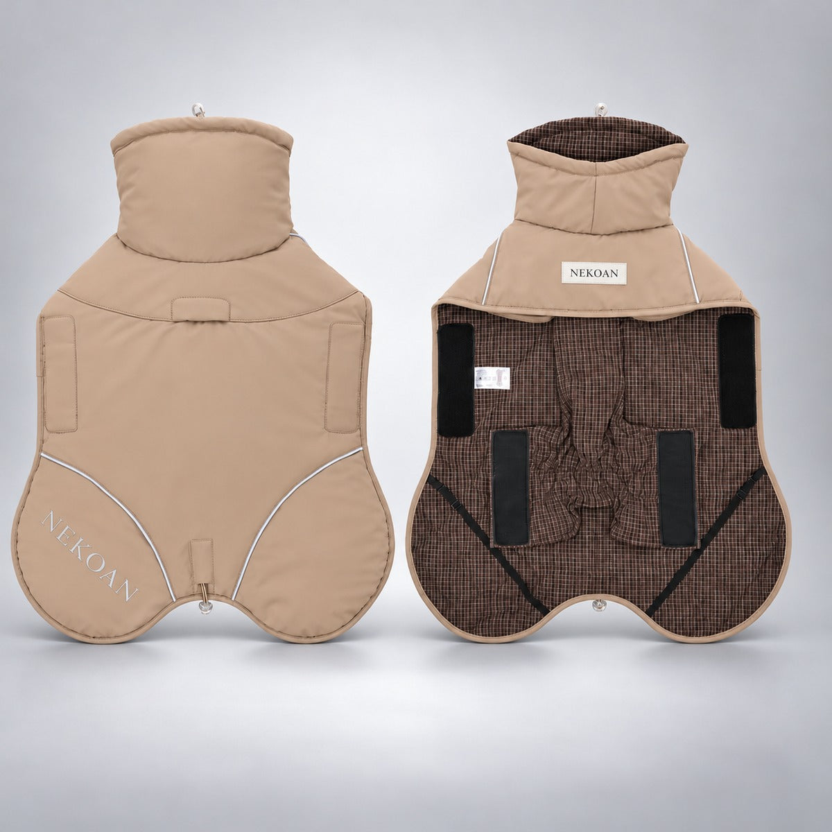 Taupe outdoor dog shell jacket laid flat from the outside and inside.