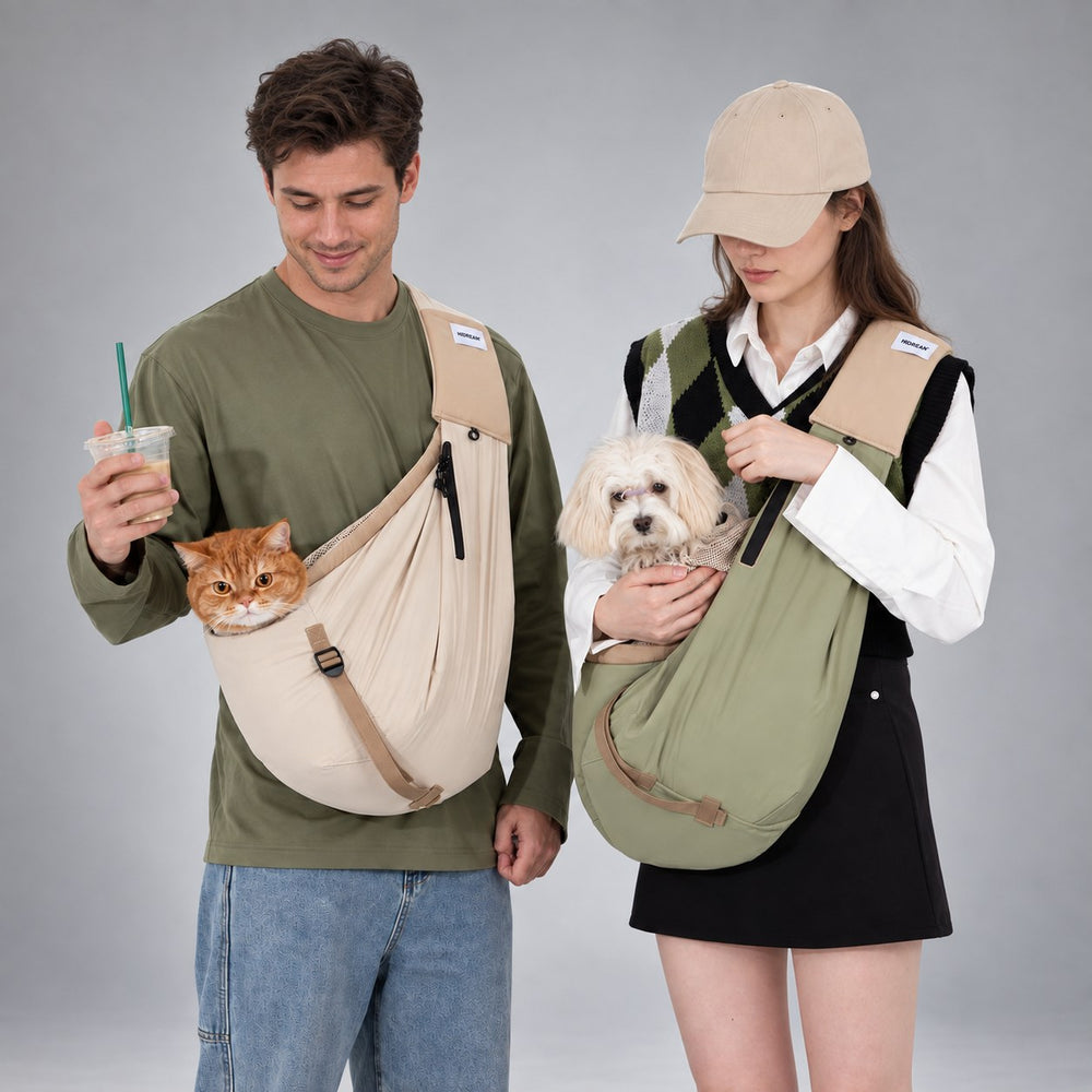 Cat in a cream nylon sling and small dog in an olive green sling, worn crossbody by two people.