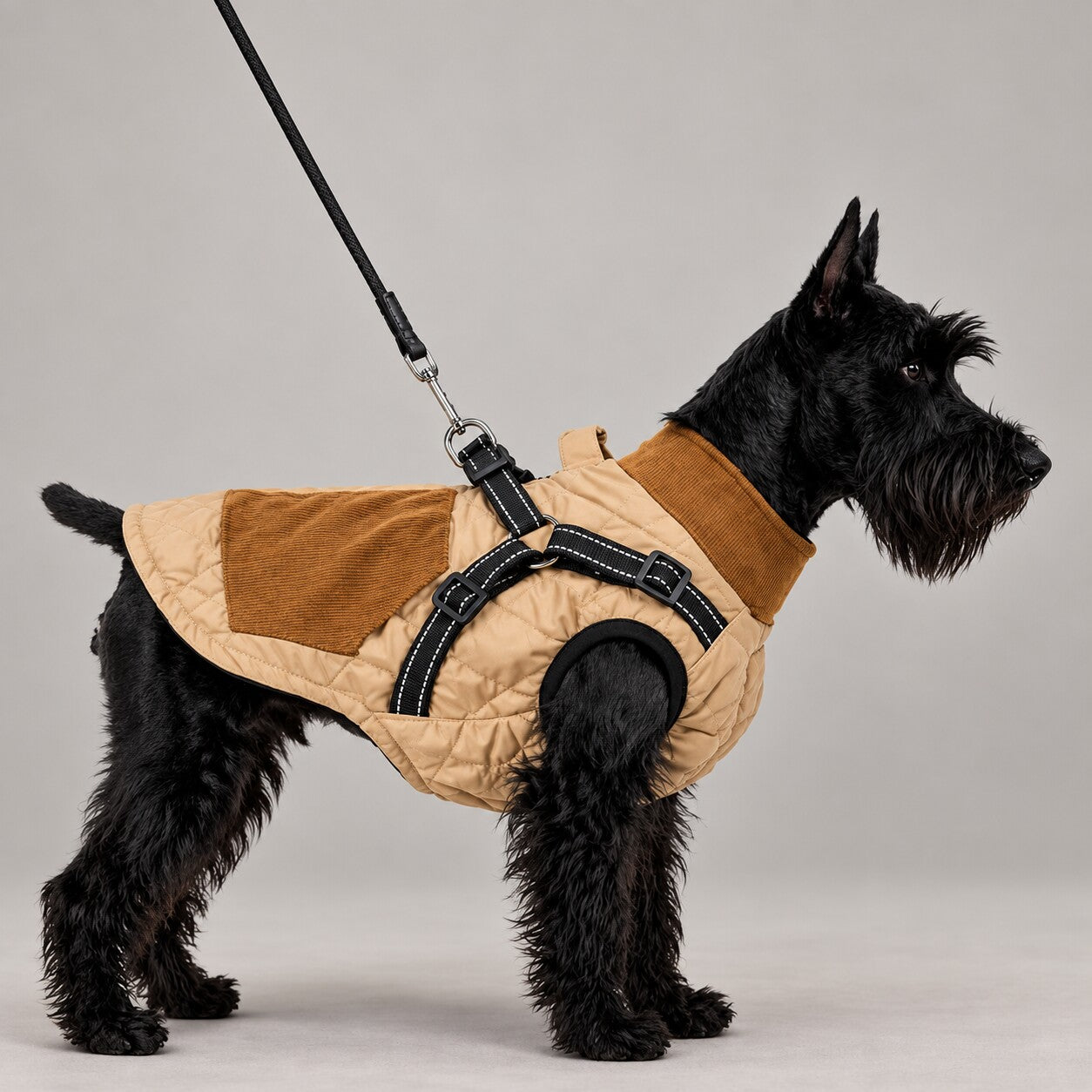 Black dog wearing the Beige quilted harness coat with a leash attached to its back harness rings.