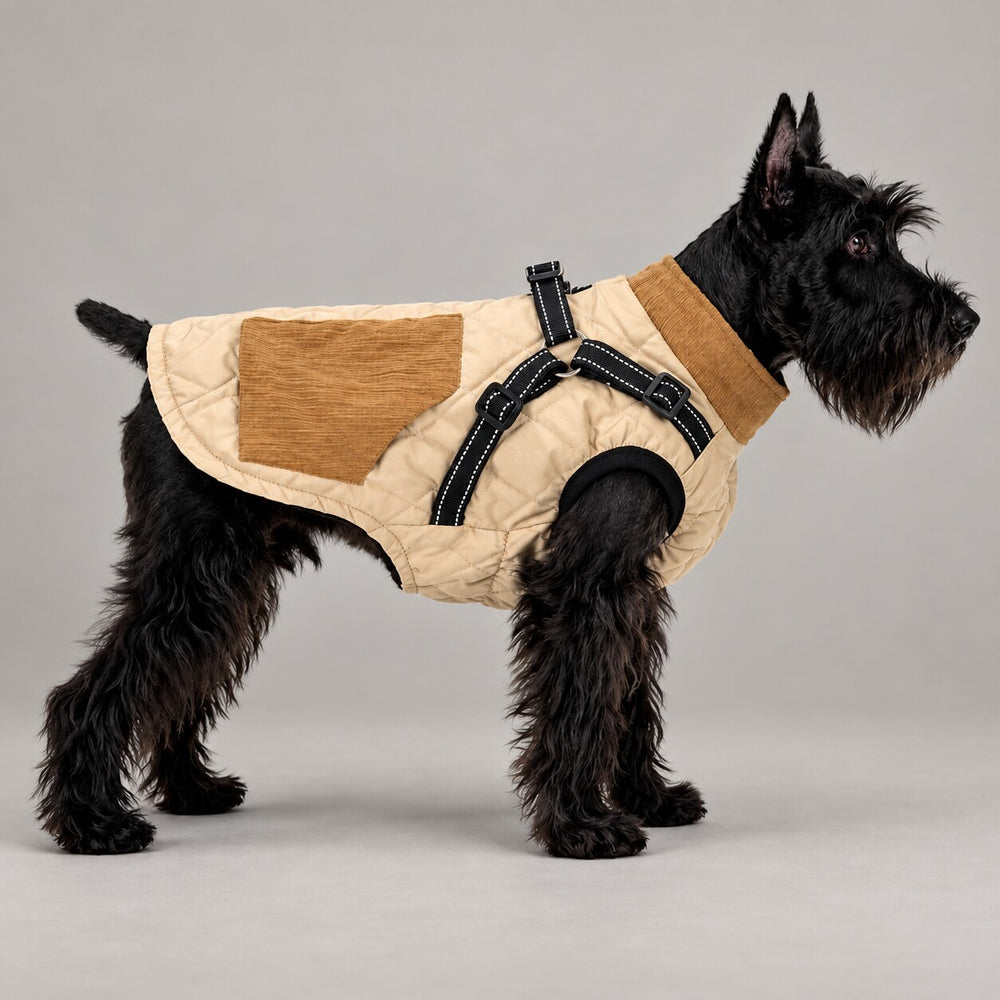 Black dog wearing the Beige quilted harness coat, shown standing from the side.