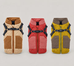 Quilted harness dog coats in Beige, Mustard and Rose gold, showing the back straps, buckles and corduroy panels.